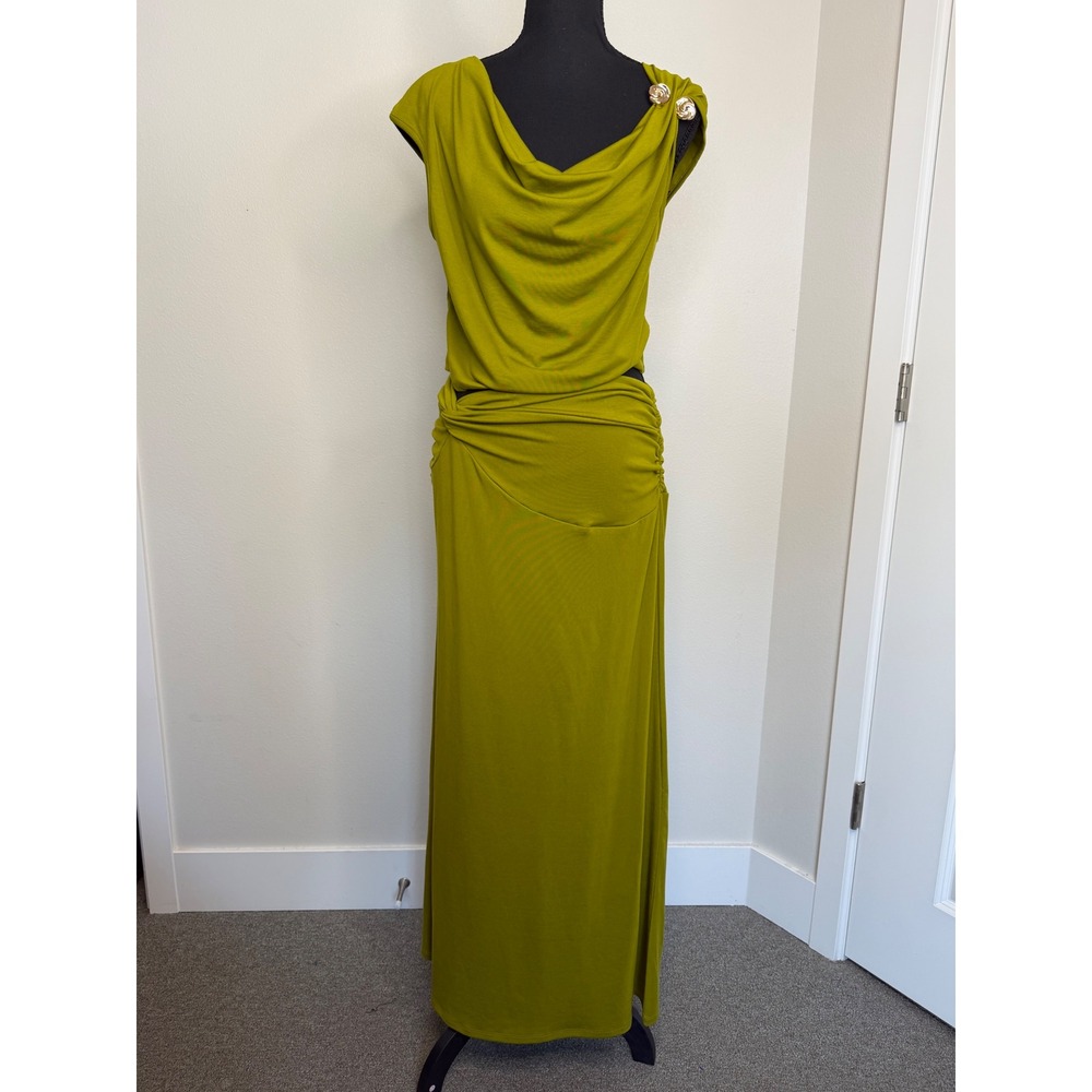 Commense Chartreuse Cowl Neck Top w/ Twist Knot Maxi Skirt Ruched L